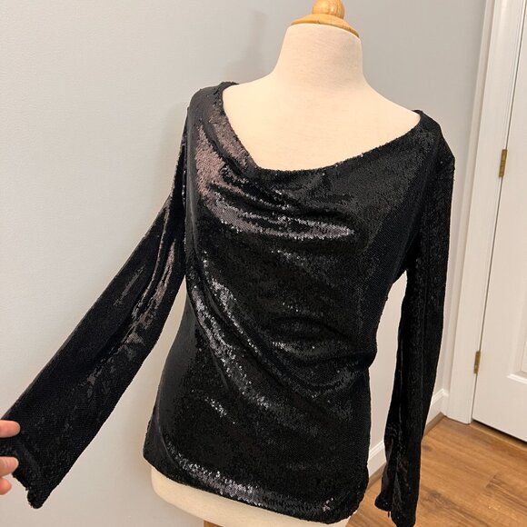 Ramy Brook Ash Black Sequin Drape Cowl Neck Top Sz S - Picture 4 of 16